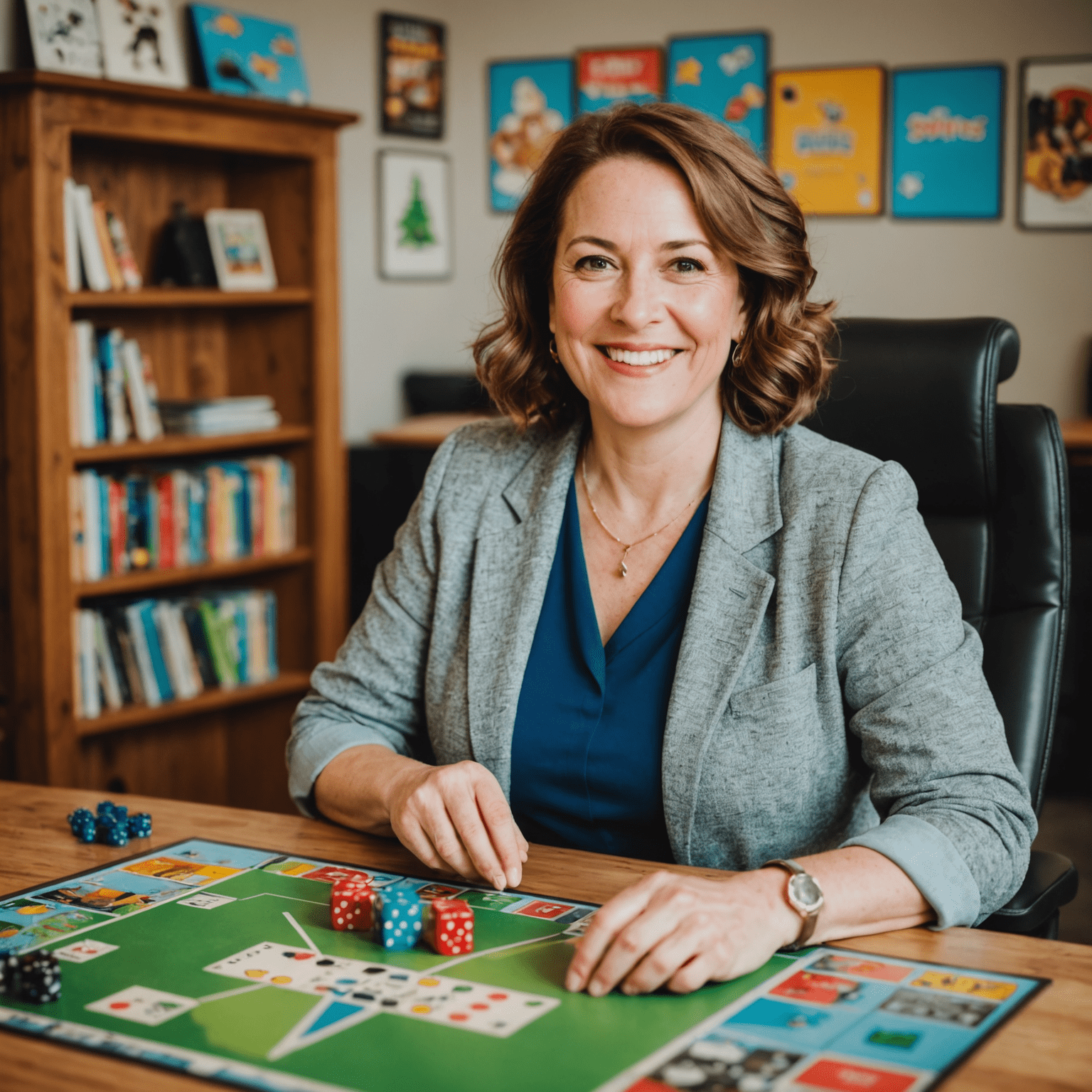 Photo de Marie Dubois, fondatrice de plinsw, souriante avec des jeux de société en arrière-plan