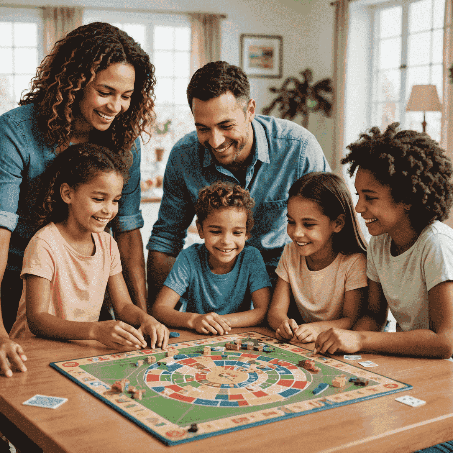 Une famille jouant à un jeu de société éducatif autour d'une table, avec des enfants et des parents souriant et engagés dans le jeu