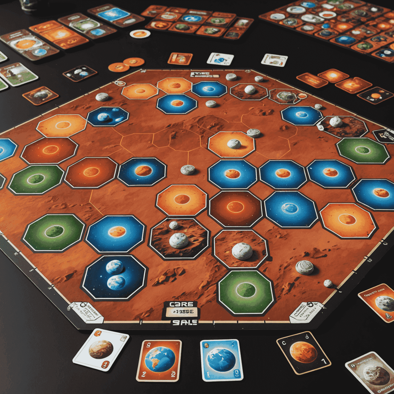 Plateau de jeu Terraforming Mars avec ses cartes et jetons représentant la colonisation de la planète rouge