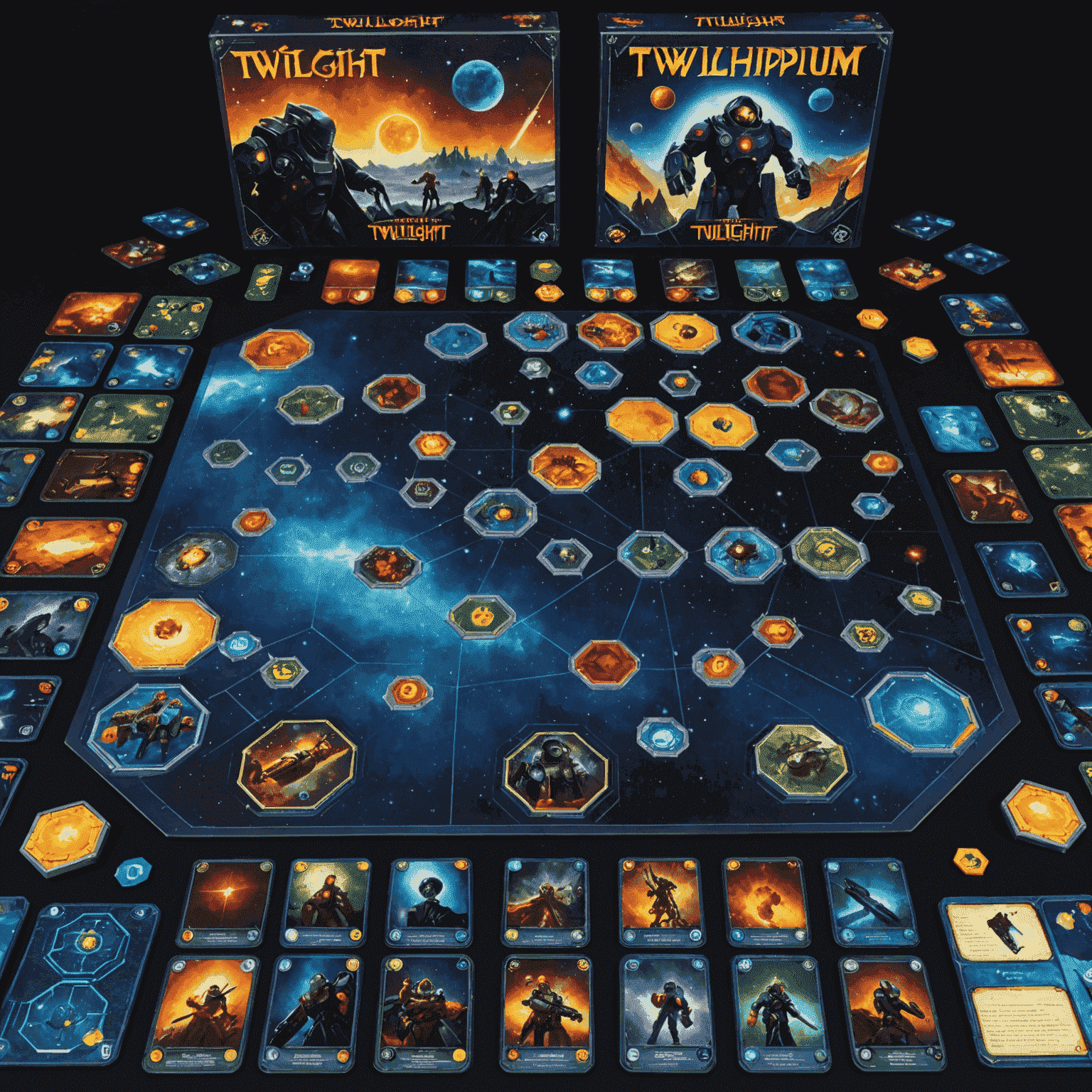 Vue d'ensemble du jeu Twilight Imperium avec ses nombreuses pièces, cartes et un vaste plateau représentant une galaxie